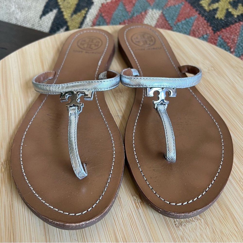 TORY BURCH Silver T Logo Leather Flat Thong Sandals US8.5